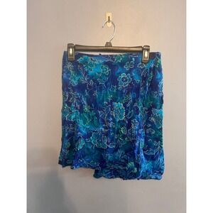 Women's Blue Floral‎ Warp Skirt 100% Rayon Sz Med Summer Tropical 90s Vacation